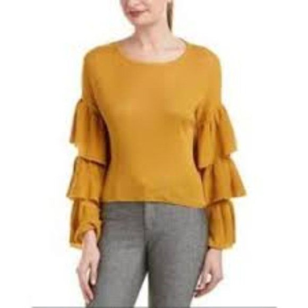 Gianni Bini Sweater Ruffle Tiered Sleeves Cropped Mustard Yellow Fairy Size XS